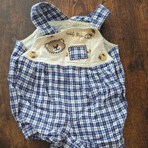 Vintage 90's Blue and White Plaid Overalls with Bear Design